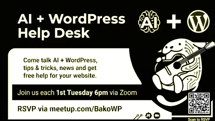 Black and white info with help desk info plus image of Wappu, the WordPress mascot